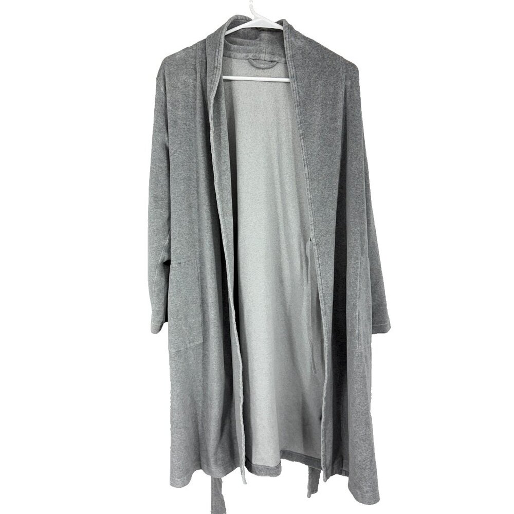J Jill Women M Sleep Robe Fleece Velour Shawl Collar Gray Longline Belt Waist